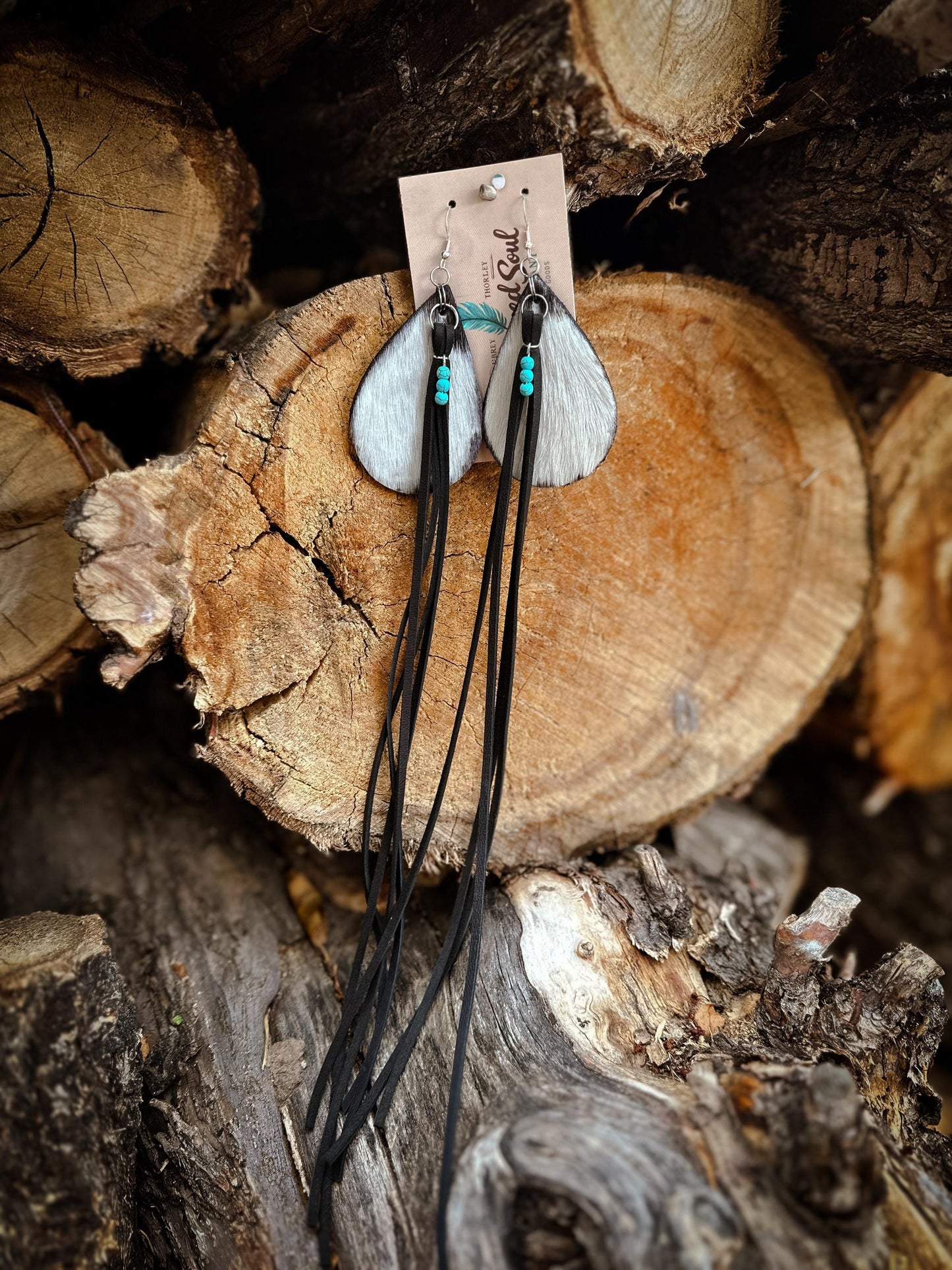 Real Cowhide Leather Earrings with Soft Deer Hide Fringe & Turquoise charm