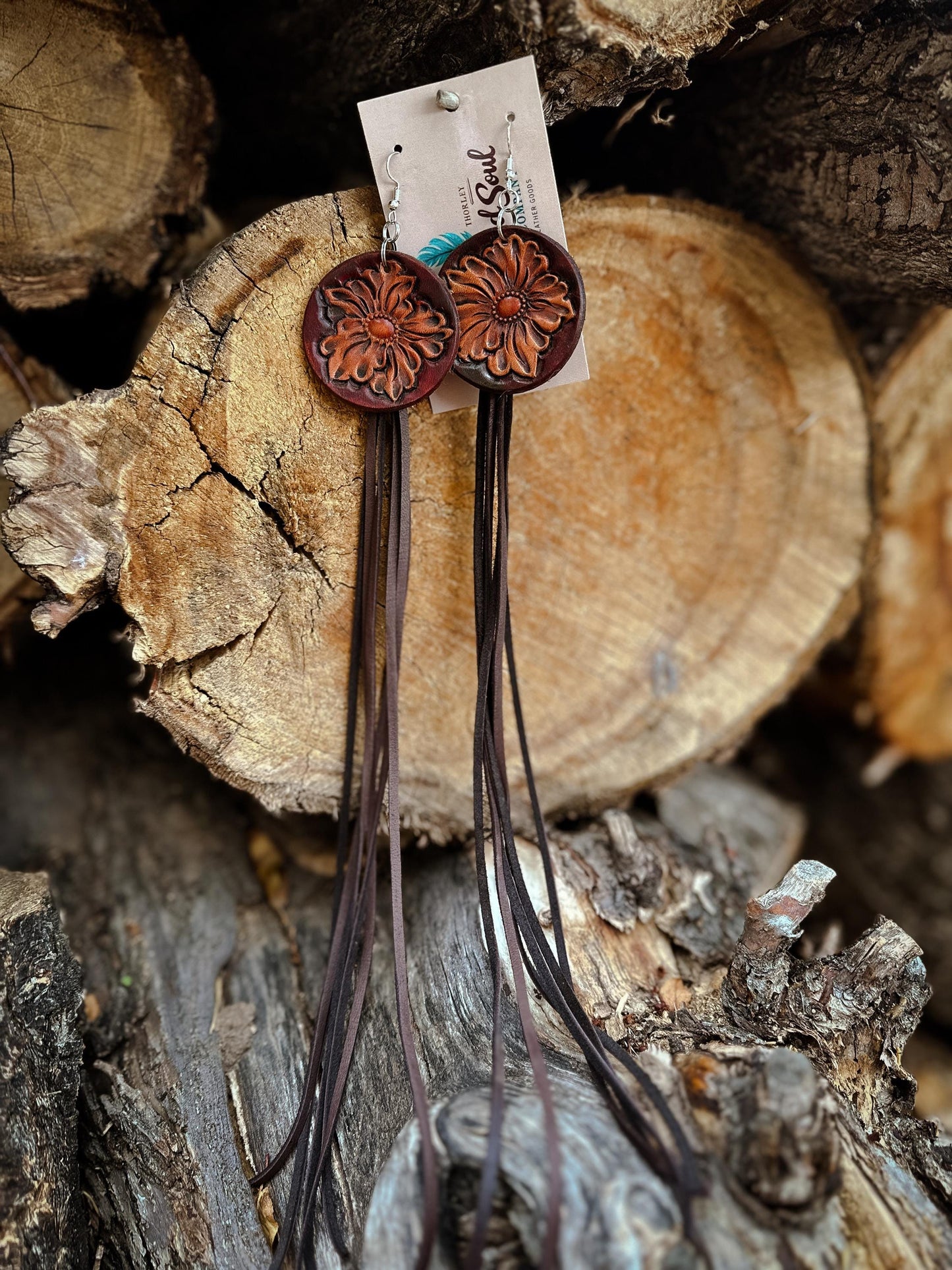 Real Leather Tooled Earrings with Soft Deer Hide Fringe