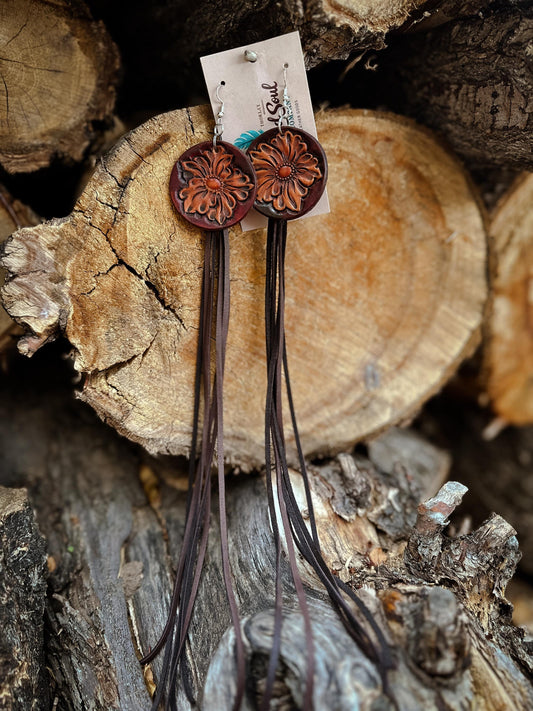 Real Leather Tooled Earrings with Soft Deer Hide Fringe