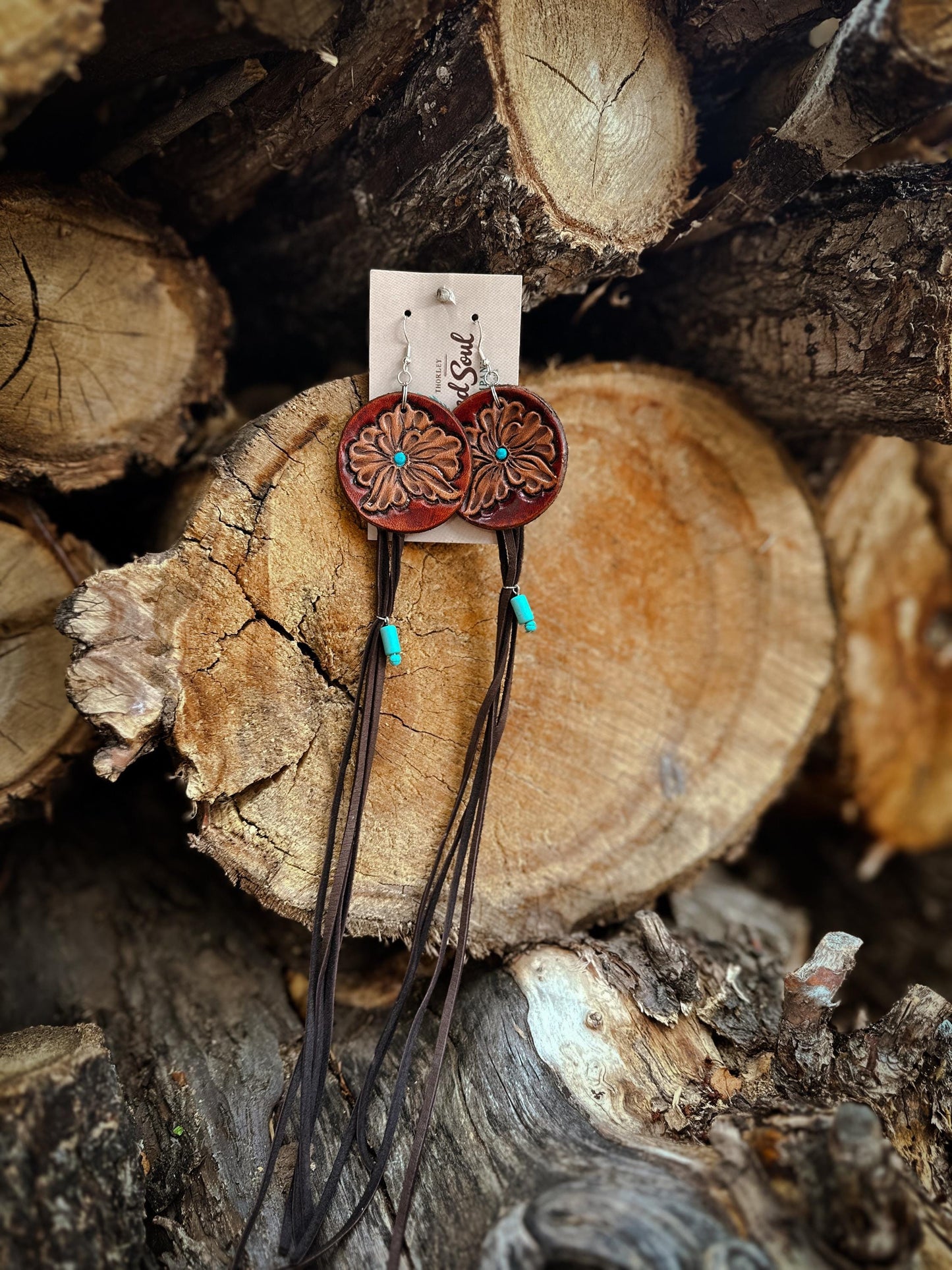 Real Leather Tooled Earrings with Soft Deer Hide Fringe & Turquoise charm