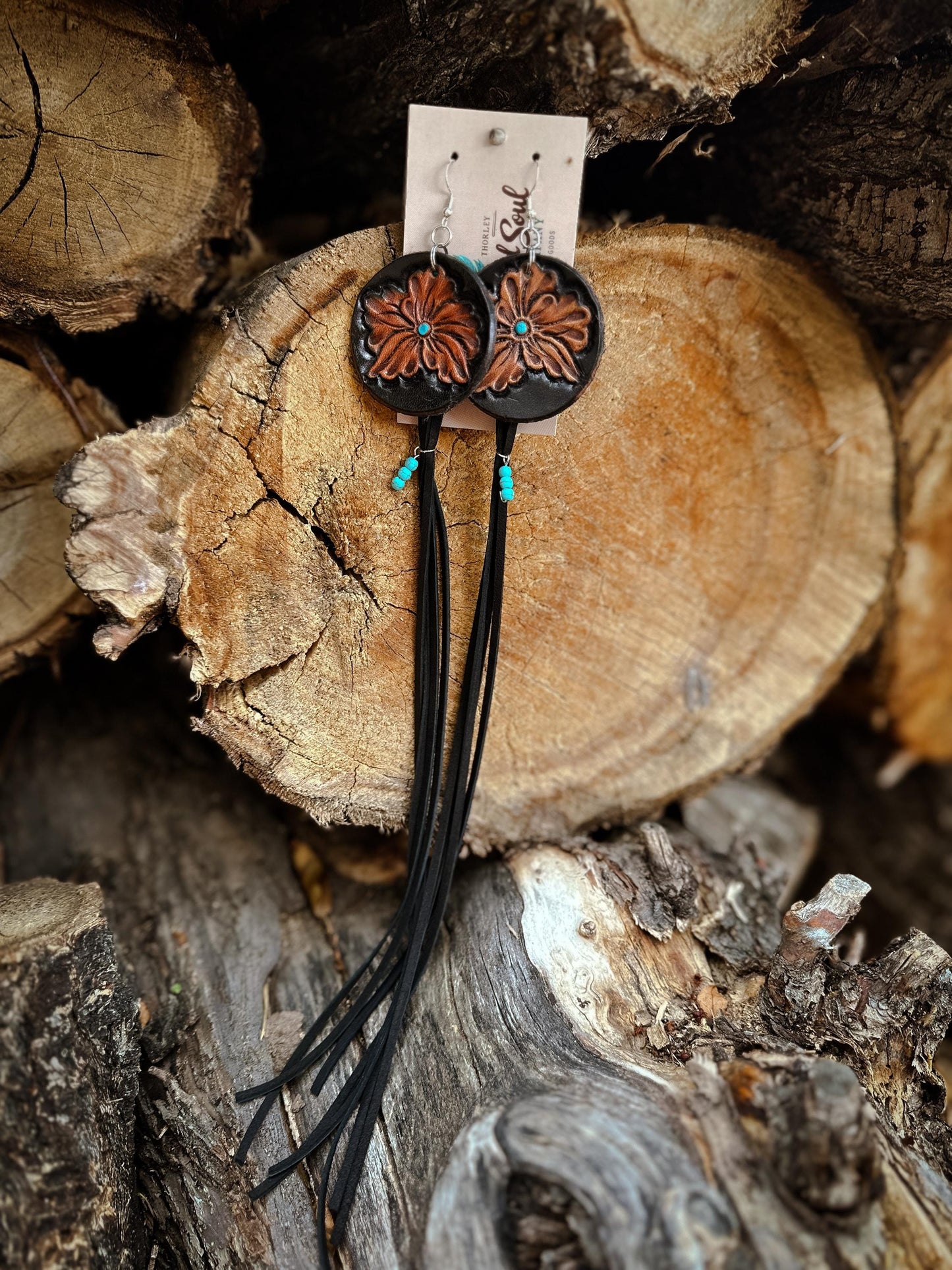Real Leather Tooled Earrings with Soft Deer Hide Fringe & Turquoise charm