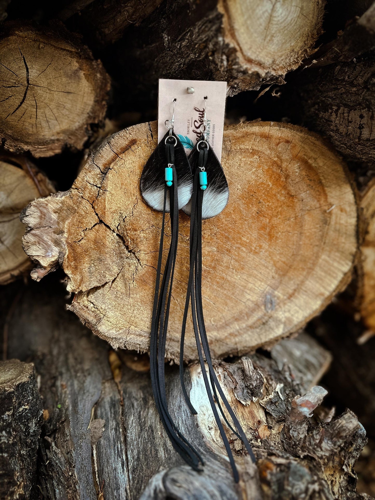 Real Cowhide Leather Earrings with Soft Deer Hide Fringe & Turquoise charm