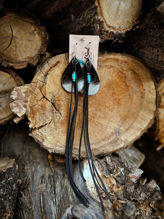 Real Cowhide Leather Earrings with Soft Deer Hide Fringe & Turquoise charm